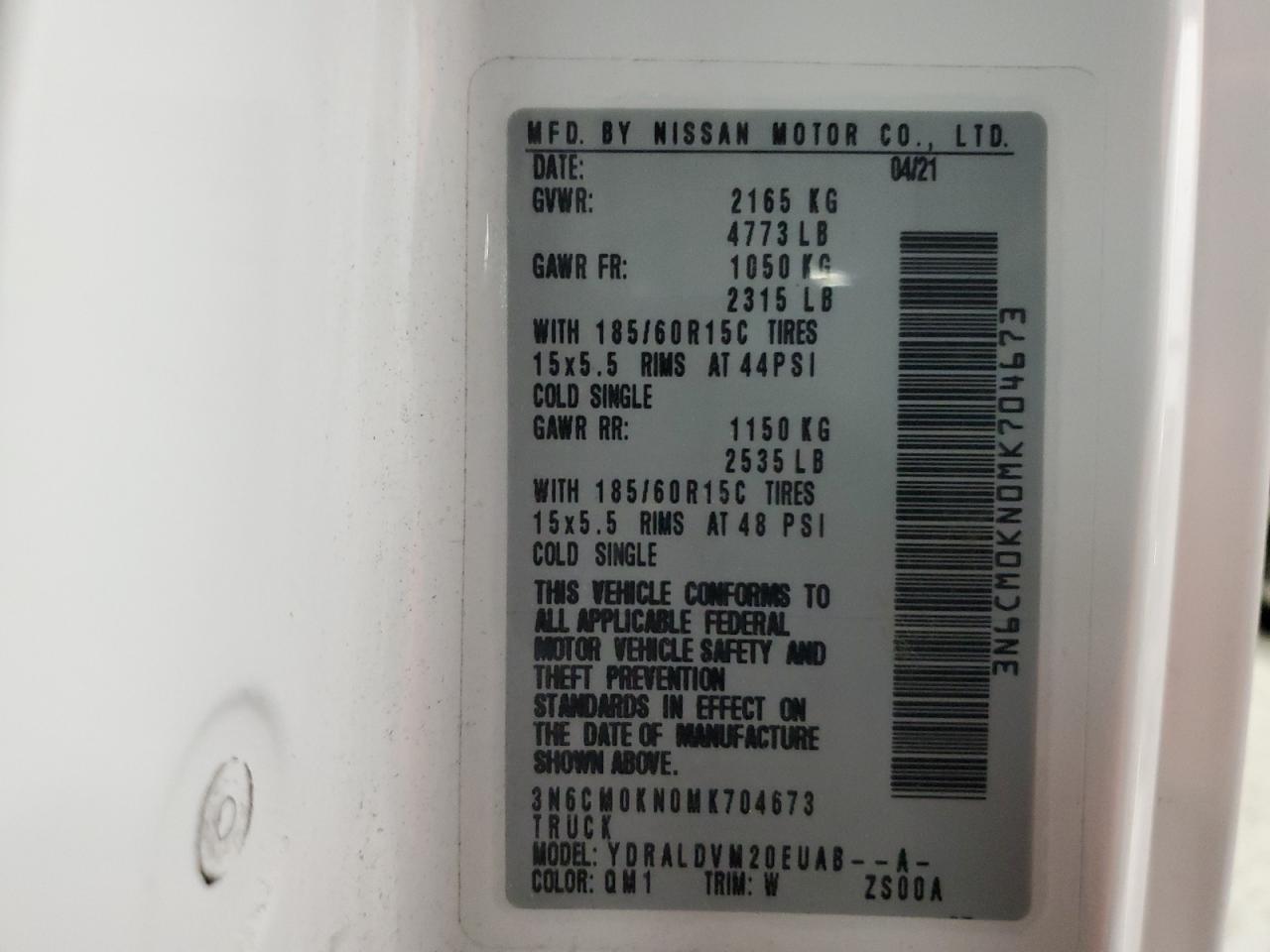 2021 Nissan Nv200 Delivery Van VIN: 3N6CM0KN0MK704673 Lot: 82781645