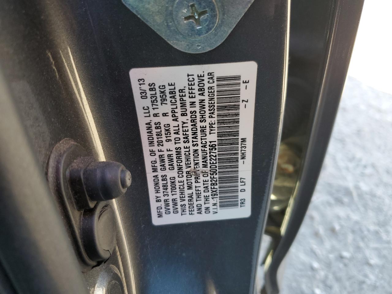 2013 Honda Civic Lx VIN: 19XFB2F50DE227561 Lot: 86261765