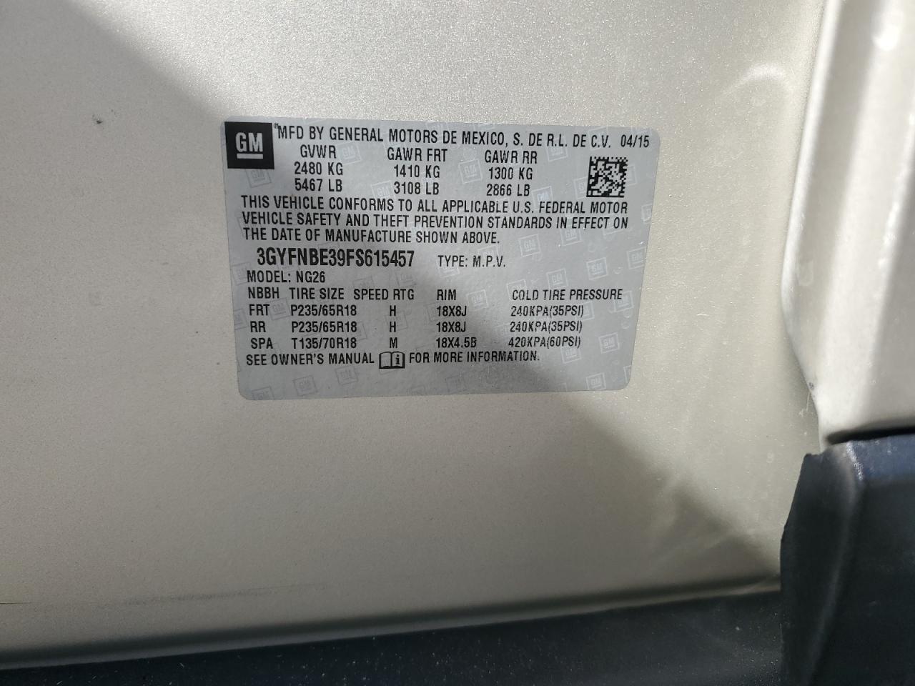 2015 Cadillac Srx Luxury Collection VIN: 3GYFNBE39FS615457 Lot: 87308435