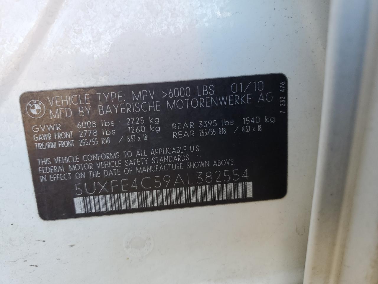 2010 BMW X5 xDrive30I VIN: 5UXFE4C59AL382554 Lot: 90518935