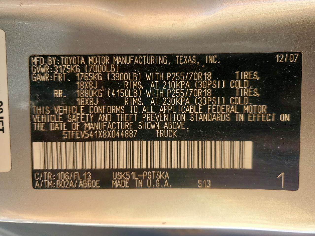 2008 Toyota Tundra Crewmax VIN: 5TFEV541X8X044887 Lot: 91049275