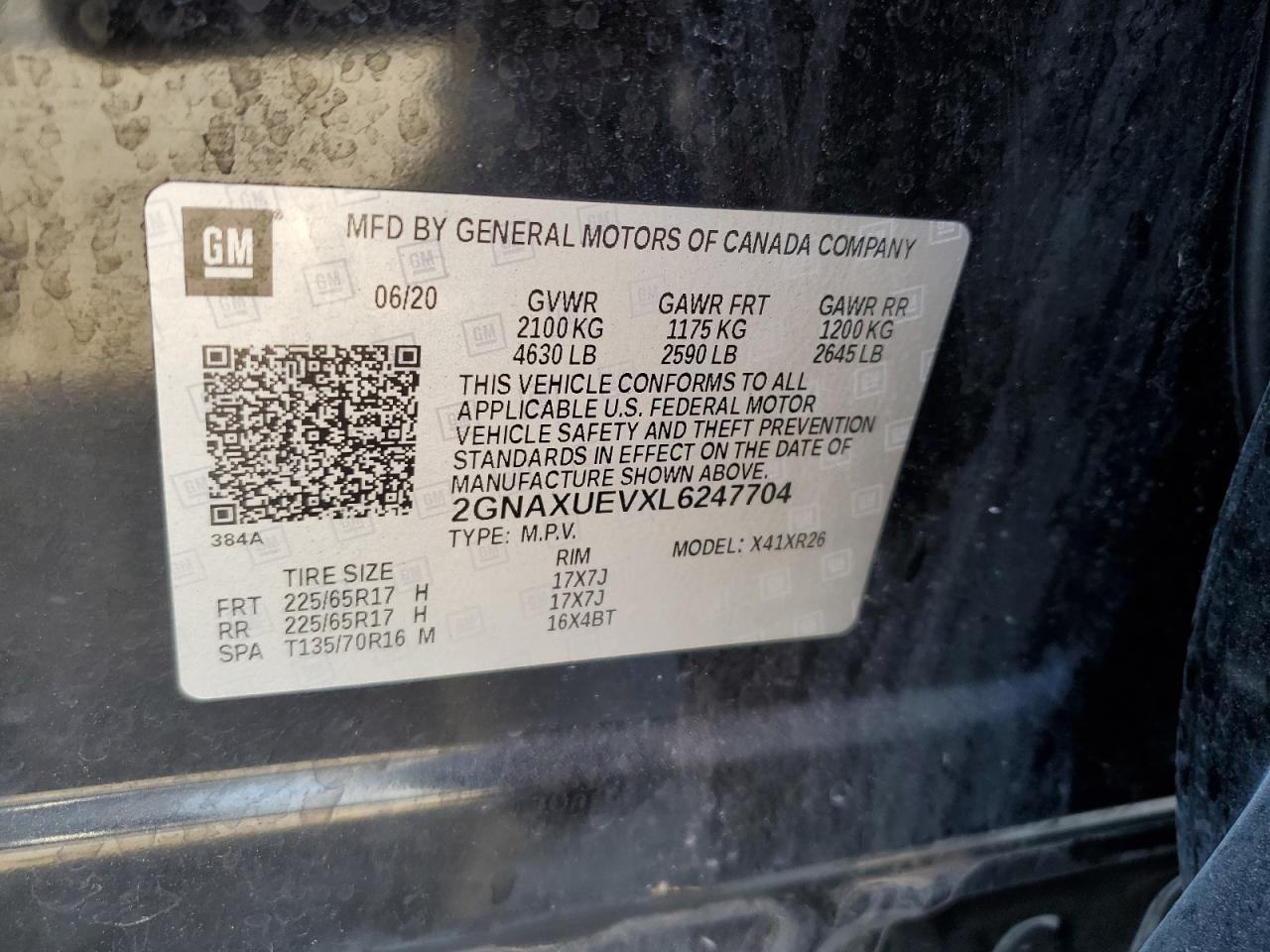 2020 Chevrolet Equinox Lt VIN: 2GNAXUEVXL6247704 Lot: 84470265