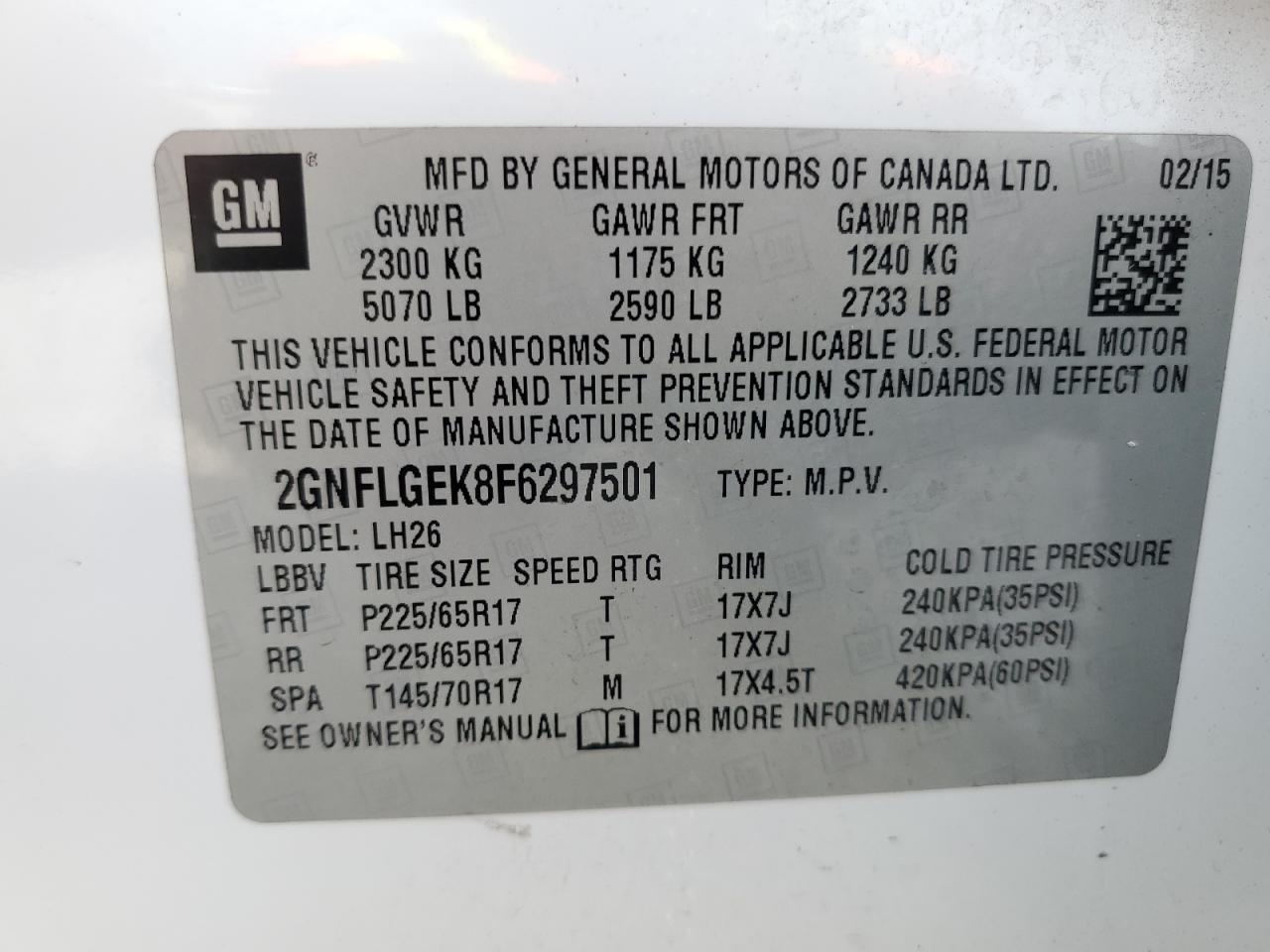 2015 Chevrolet Equinox Lt VIN: 2GNFLGEK8F6297501 Lot: 84561455