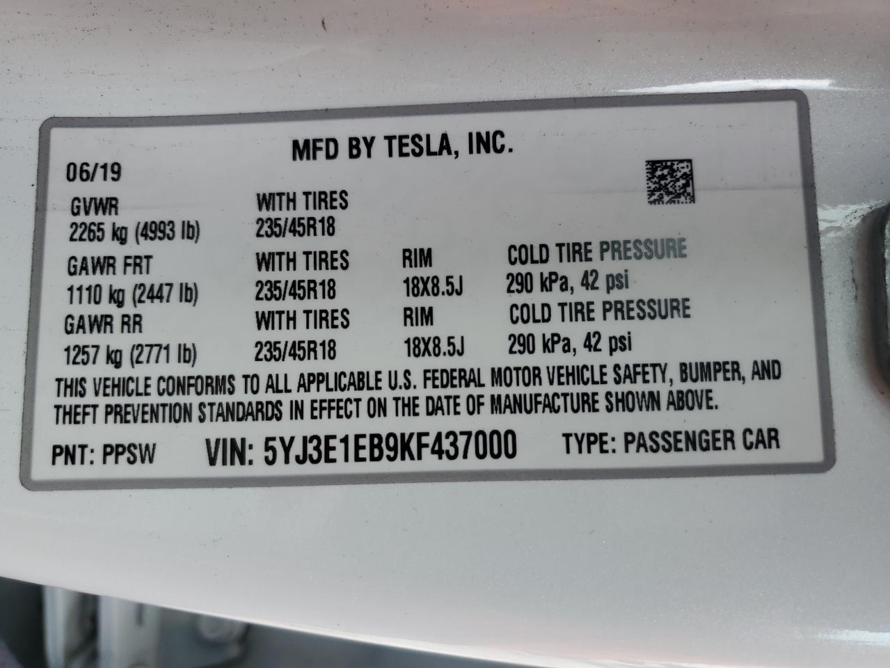 2019 Tesla Model 3 VIN: 5YJ3E1EB9KF437000 Lot: 87029755