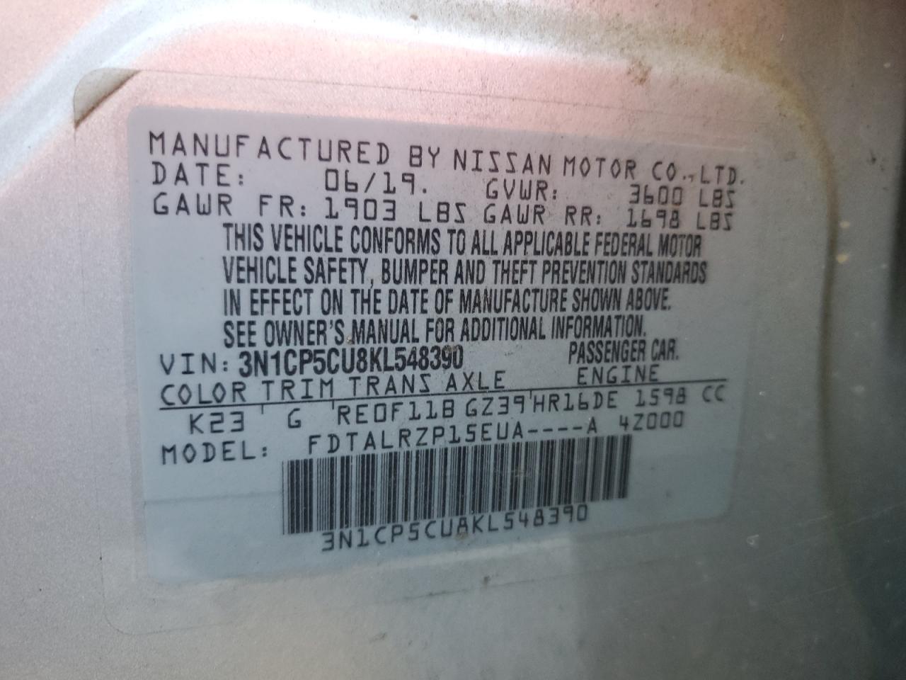 2019 Nissan Kicks S VIN: 3N1CP5CU8KL548390 Lot: 82377225