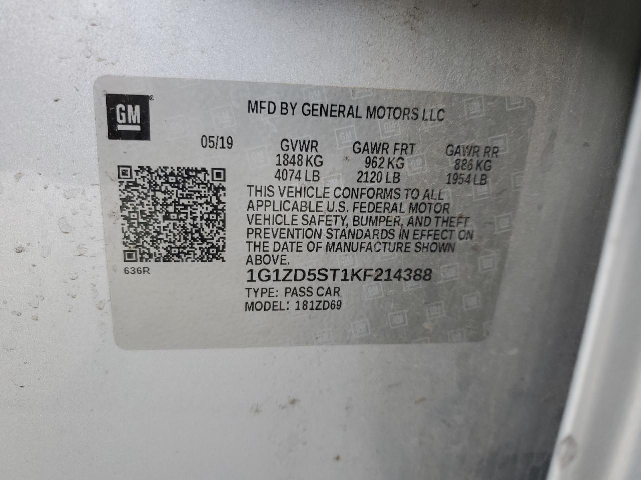 2019 Chevrolet Malibu Lt VIN: 1G1ZD5ST1KF214388 Lot: 85721885