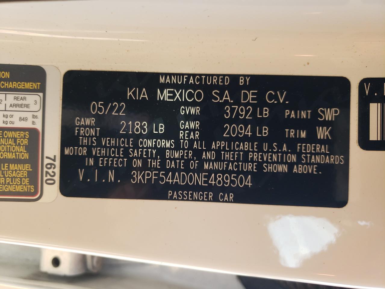 2022 Kia Forte Gt Line VIN: 3KPF54AD0NE489504 Lot: 81545165