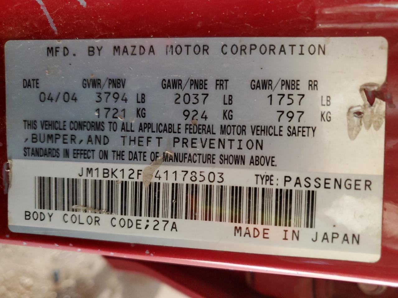 2004 Mazda 3 I VIN: JM1BK12F041178503 Lot: 86313505