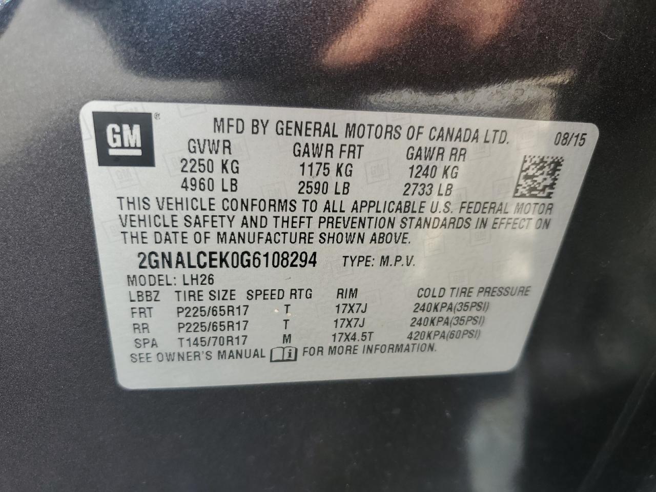 2016 Chevrolet Equinox Lt VIN: 2GNALCEK0G6108294 Lot: 82183325