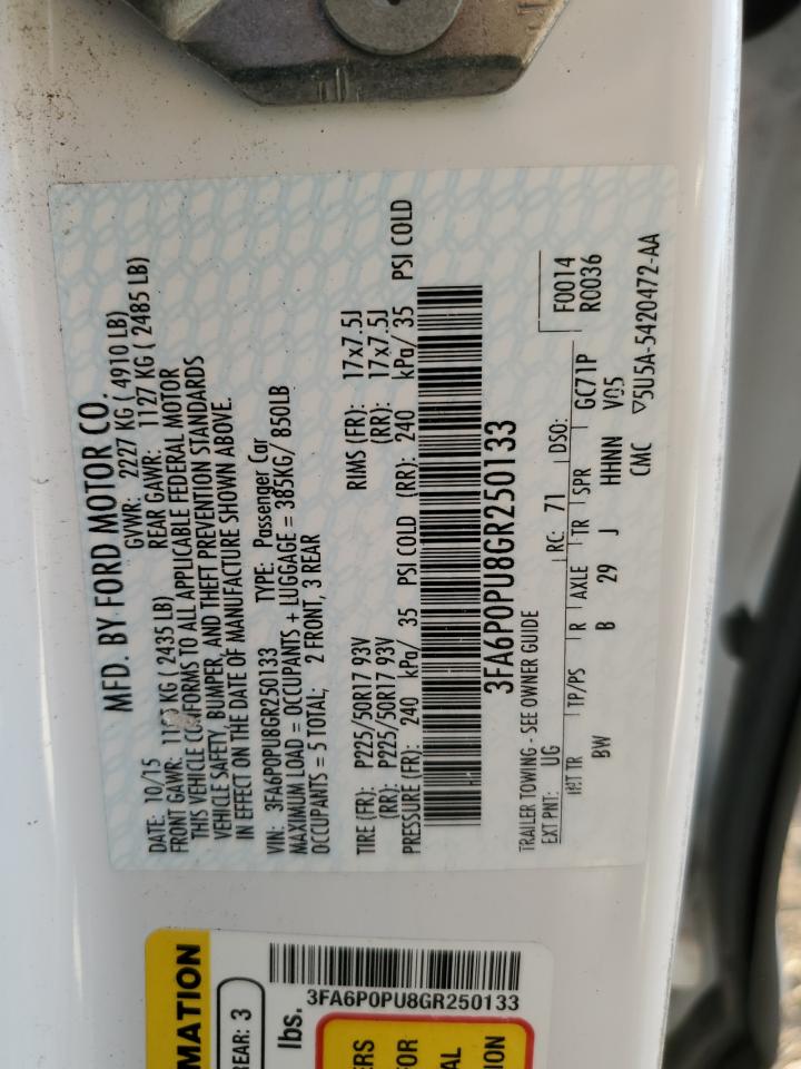 2016 Ford Fusion Se Phev VIN: 3FA6P0PU8GR250133 Lot: 81818735