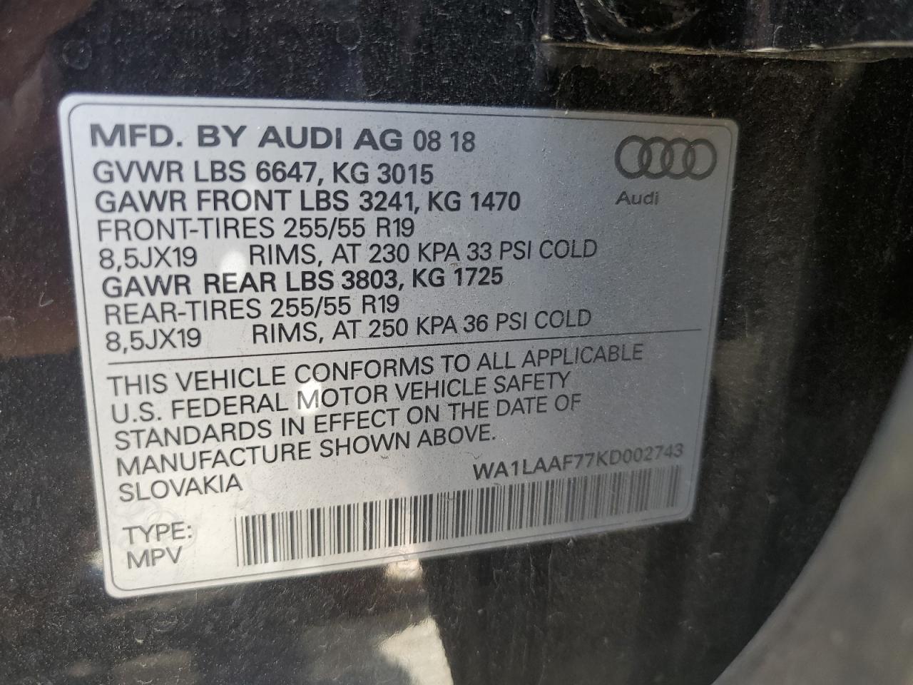 2019 Audi Q7 Premium Plus VIN: WA1LAAF77KD002743 Lot: 86142595