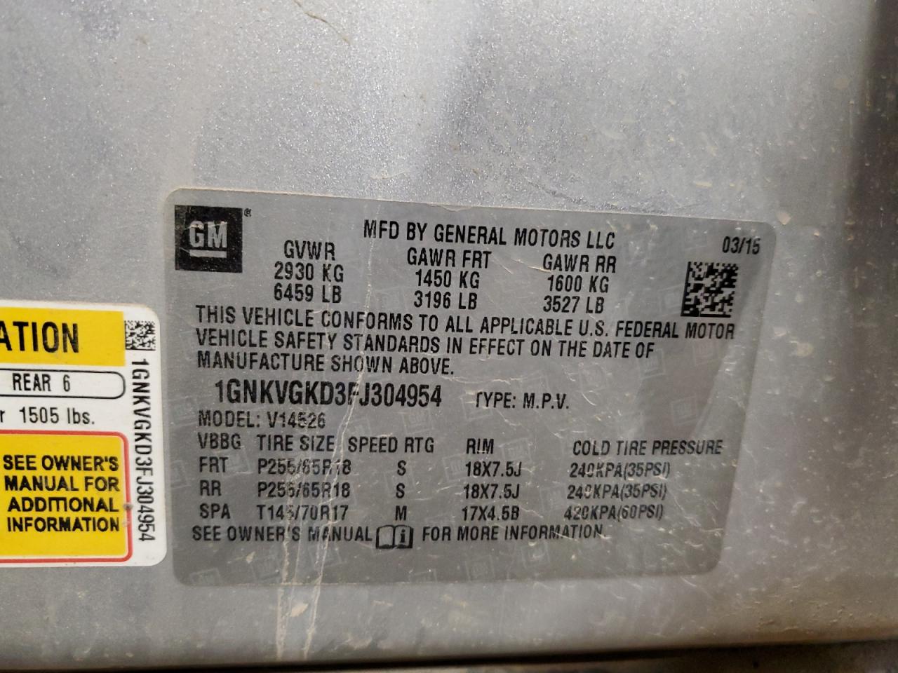 2015 Chevrolet Traverse Lt VIN: 1GNKVGKD3FJ304954 Lot: 84810685