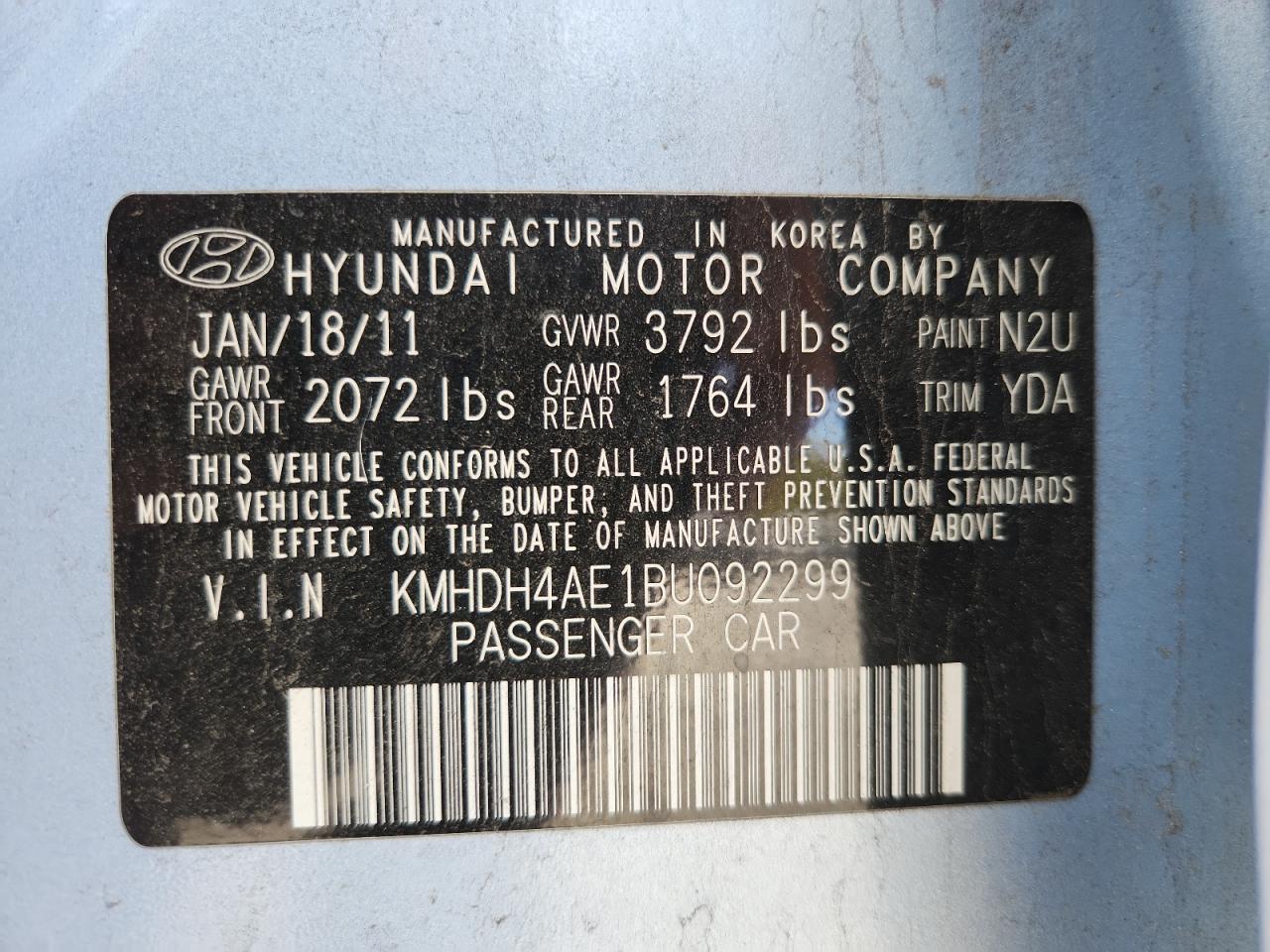 2011 Hyundai Elantra Gls VIN: KMHDH4AE1BU092299 Lot: 86111535