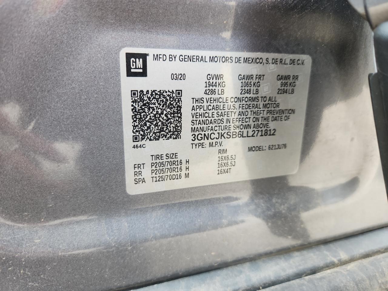 2020 Chevrolet Trax Ls VIN: 3GNCJKSB6LL271812 Lot: 90949895