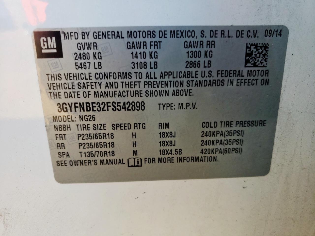 2015 Cadillac Srx Luxury Collection VIN: 3GYFNBE32FS542898 Lot: 85271215