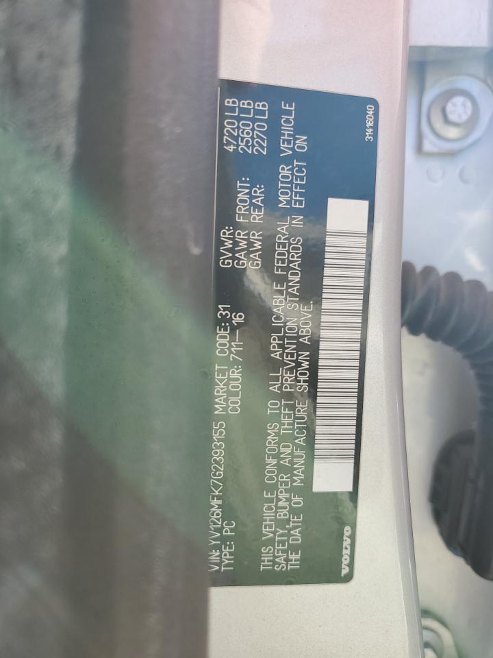 2016 Volvo S60 Premier VIN: YV126MFK7G2393155 Lot: 90290485