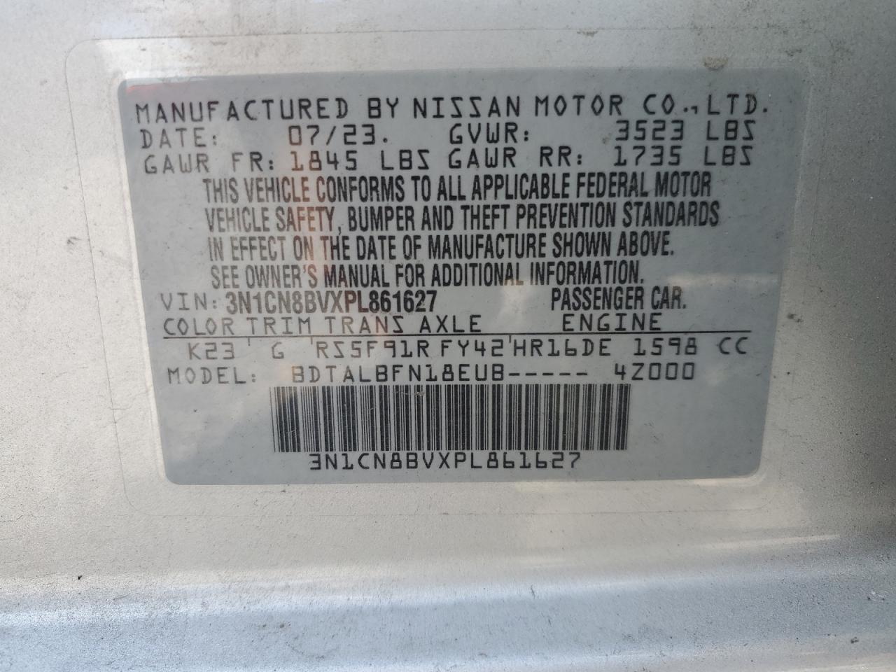 2023 Nissan Versa S VIN: 3N1CN8BVXPL861627 Lot: 85168555