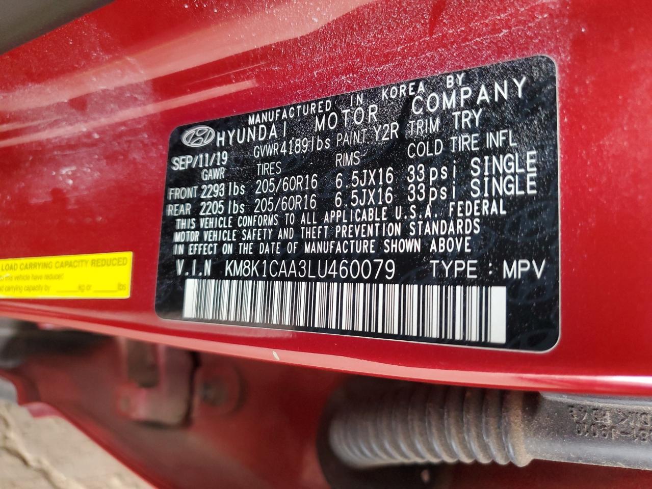 2020 Hyundai Kona Se VIN: KM8K1CAA3LU460079 Lot: 85710875