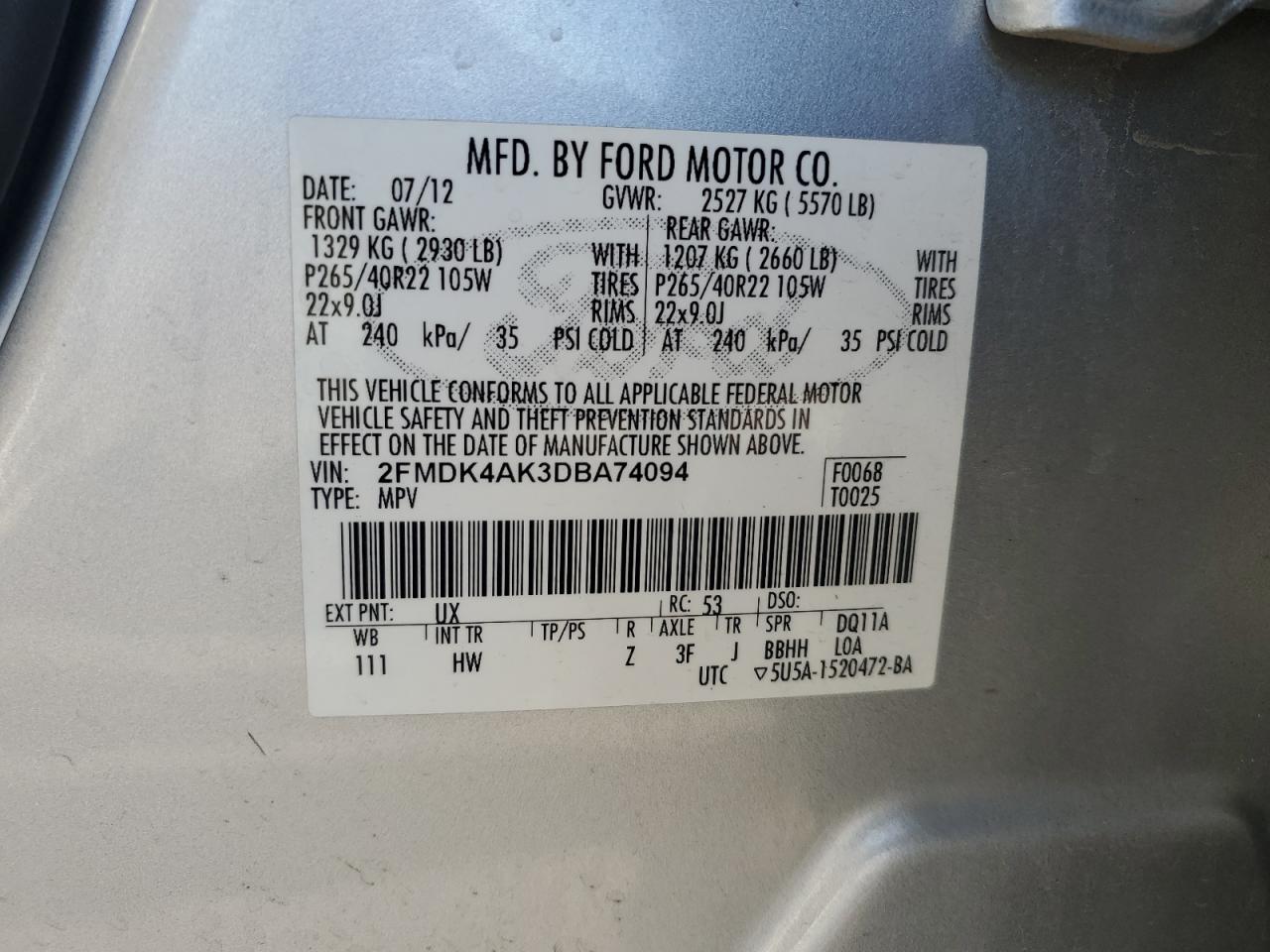 2013 Ford Edge Sport VIN: 2FMDK4AK3DBA74094 Lot: 85650575