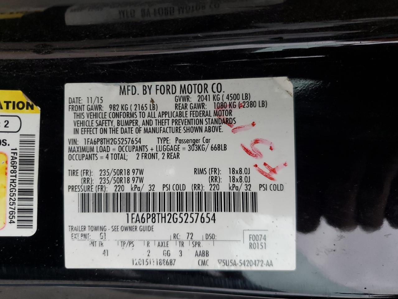 2016 Ford Mustang VIN: 1FA6P8TH2G5257654 Lot: 90592295