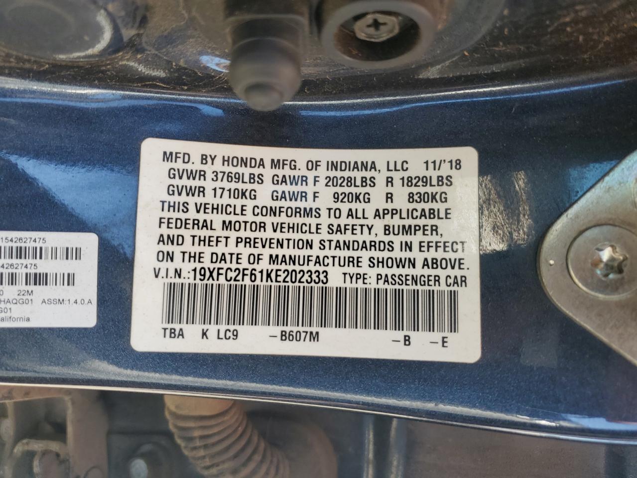 2019 Honda Civic Lx VIN: 19XFC2F61KE202333 Lot: 82355885