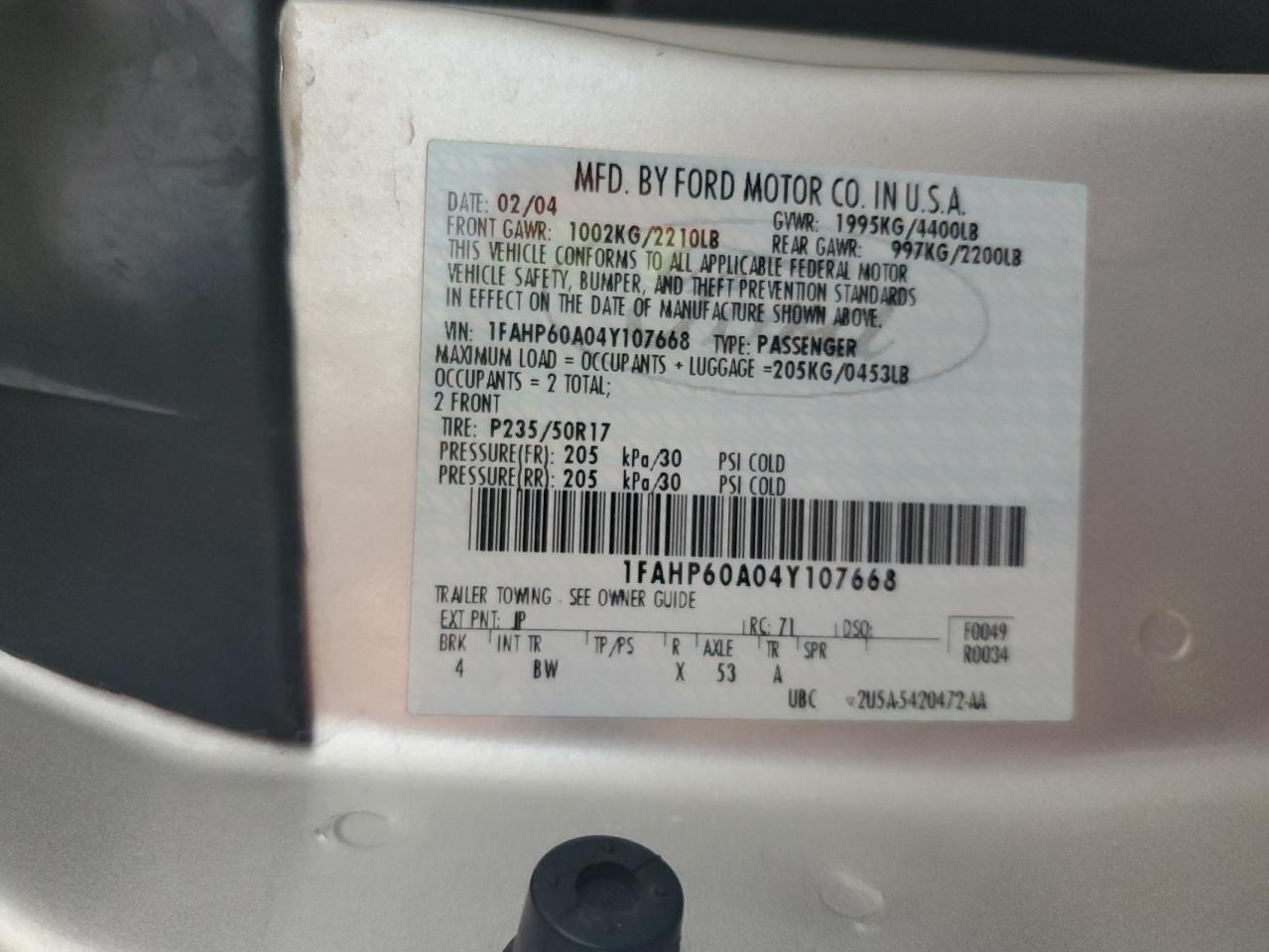 2004 Ford Thunderbird VIN: 1FAHP60A04Y107668 Lot: 85555815