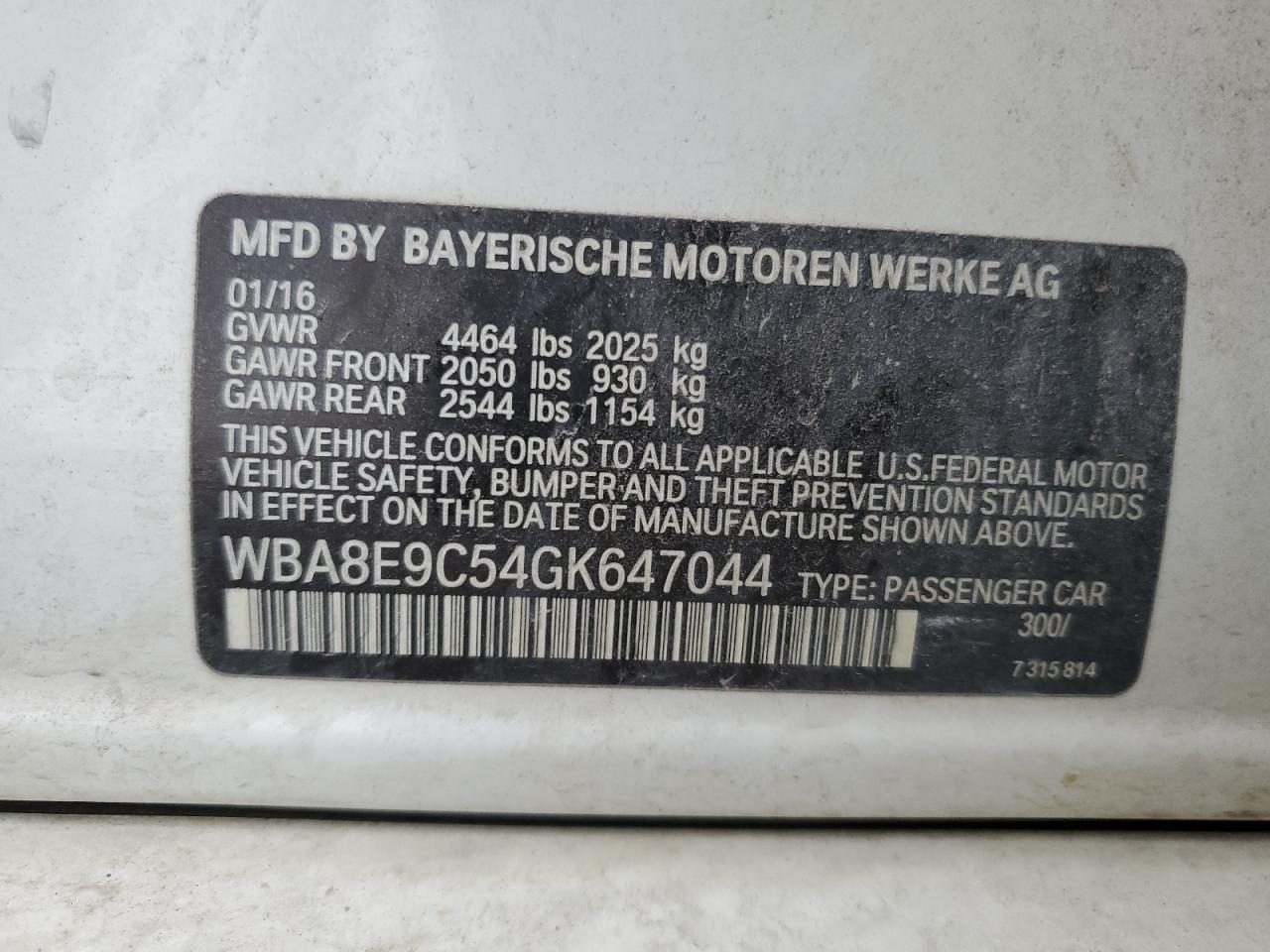 2016 BMW 328 I Sulev VIN: WBA8E9C54GK647044 Lot: 90260955