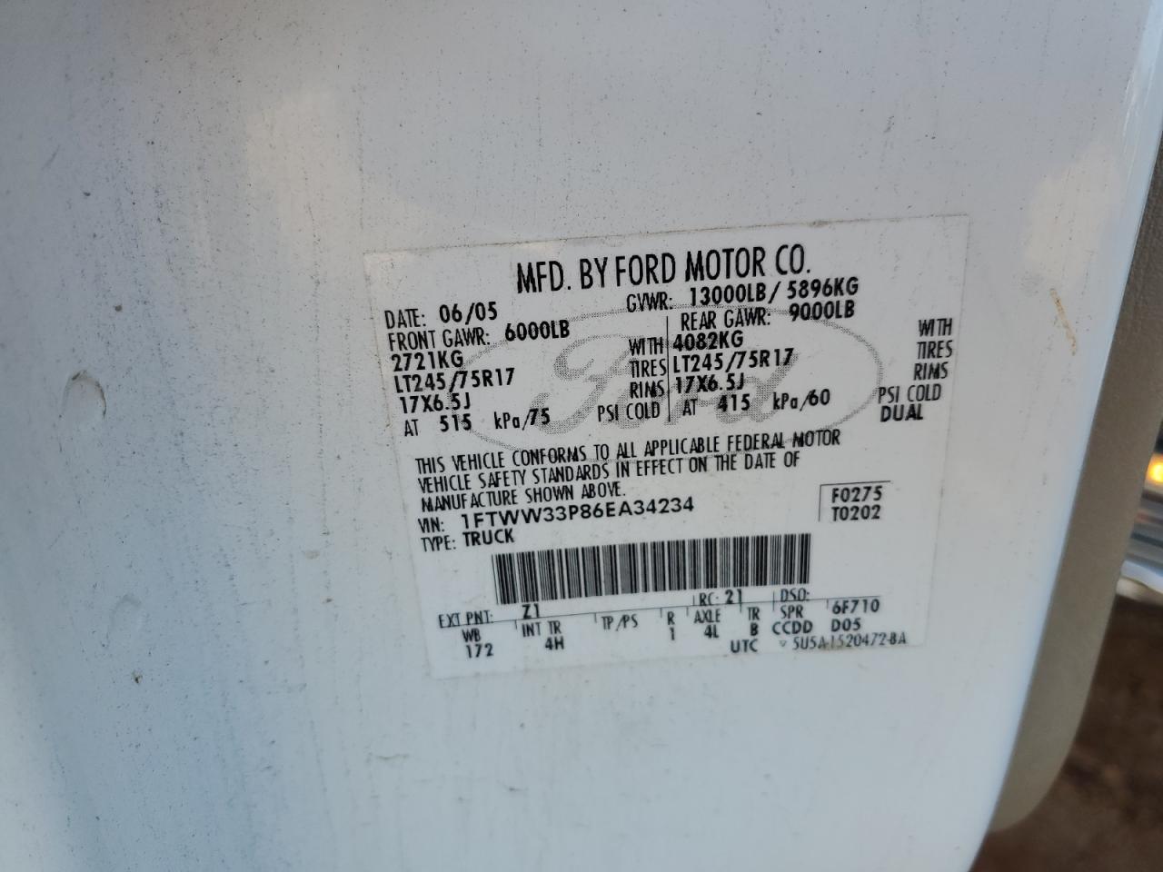 2006 Ford F350 Super Duty VIN: 1FTWW33P86EA34234 Lot: 87186695