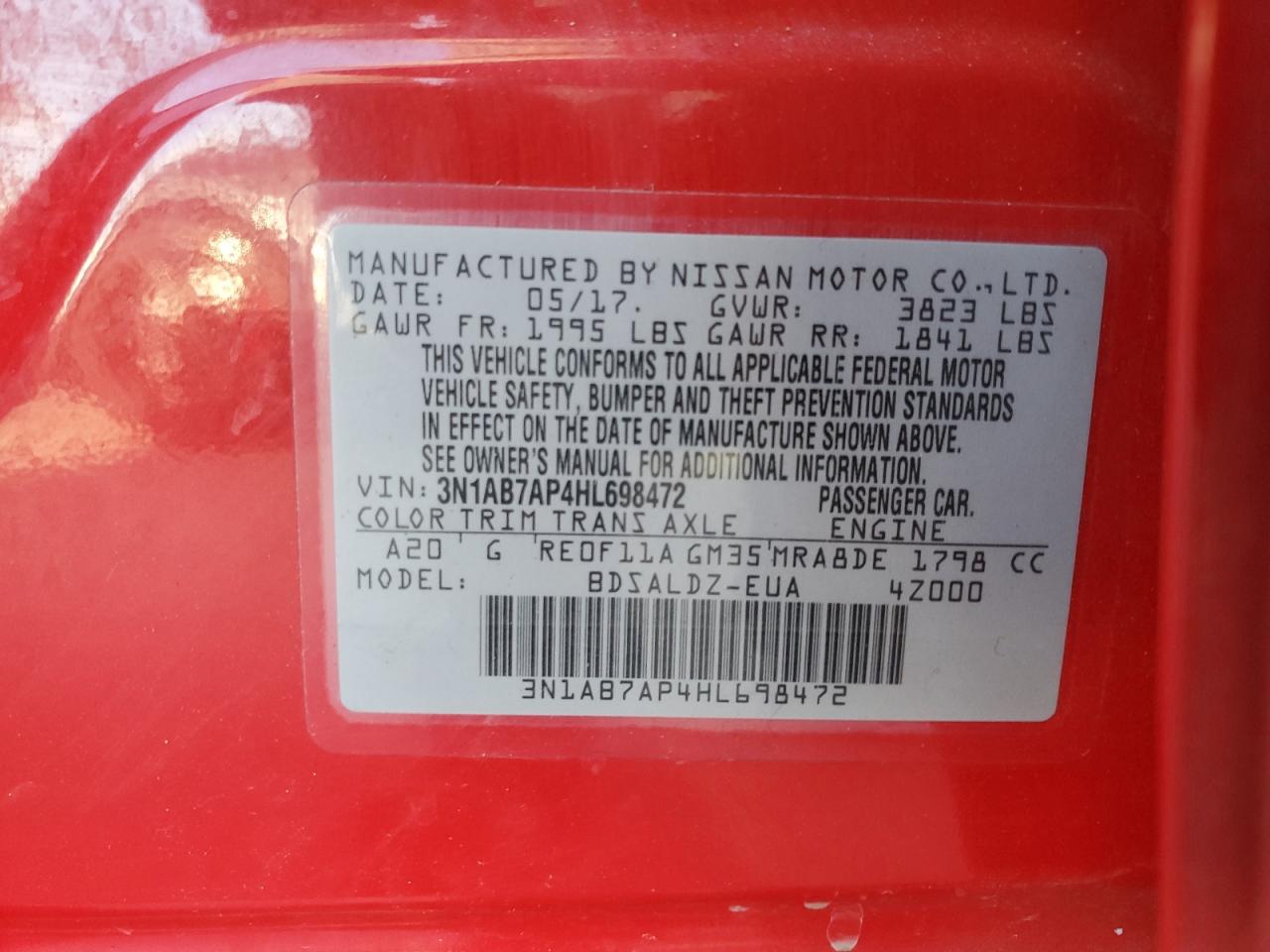 2017 Nissan Sentra S VIN: 3N1AB7AP4HL698472 Lot: 84301945