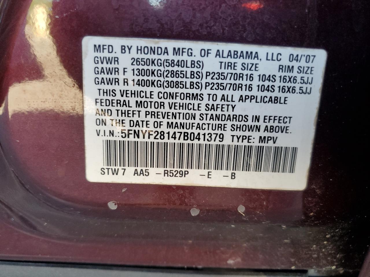 2007 Honda Pilot Lx VIN: 5FNYF28147B041379 Lot: 96783455