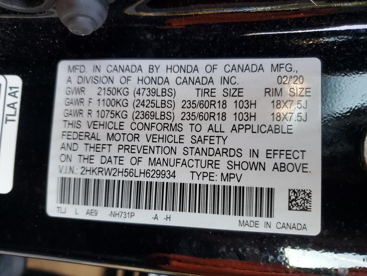 2020 Honda Cr-V Ex VIN: 2HKRW2H56LH629934 Lot: 84956665