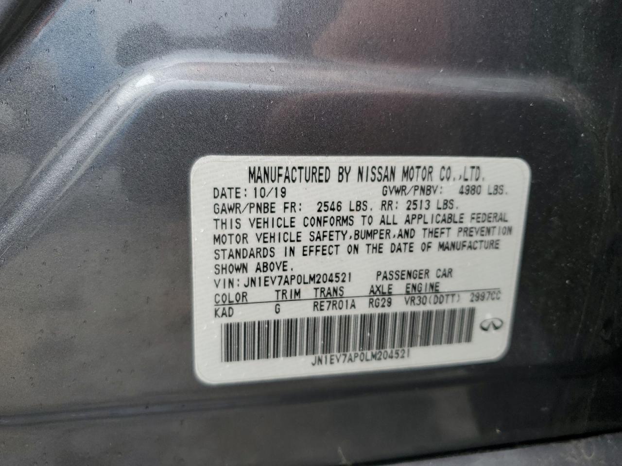 2020 Infiniti Q50 Pure VIN: JN1EV7AP0LM204521 Lot: 84907135
