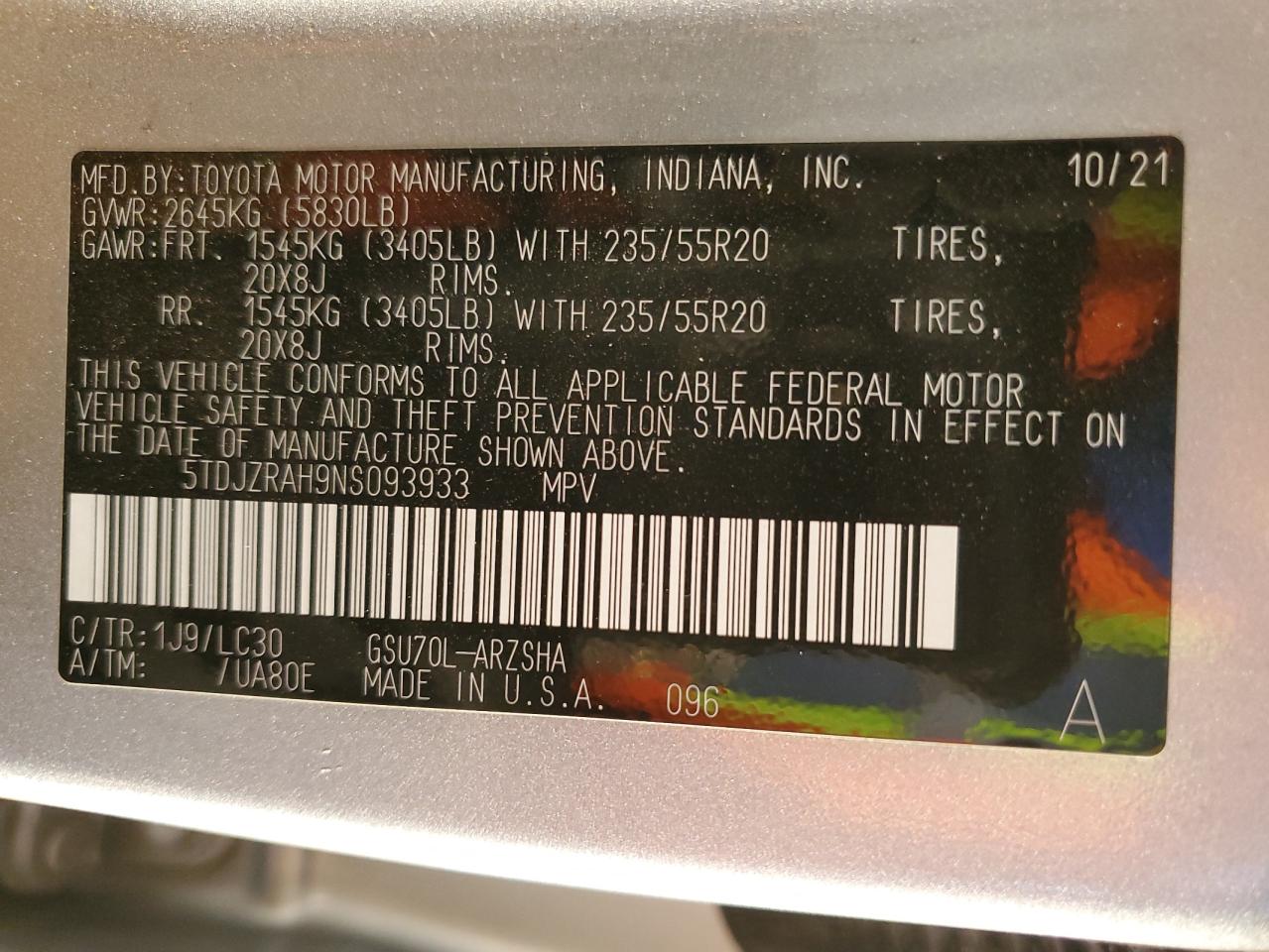 2022 Toyota Highlander Xse VIN: 5TDJZRAH9NS093933 Lot: 85837205