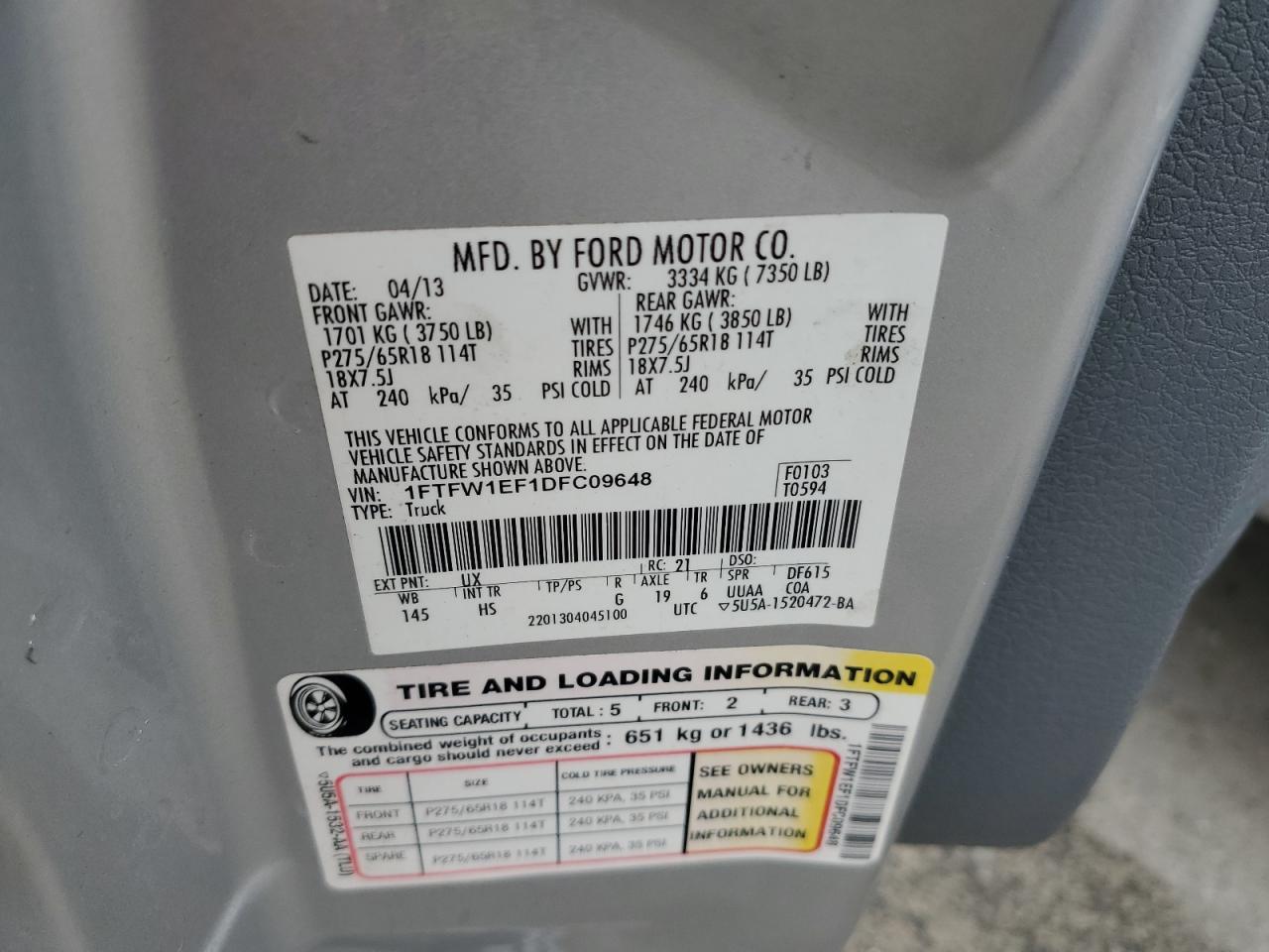 2013 Ford F150 Supercrew VIN: 1FTFW1EF1DFC09648 Lot: 89538335