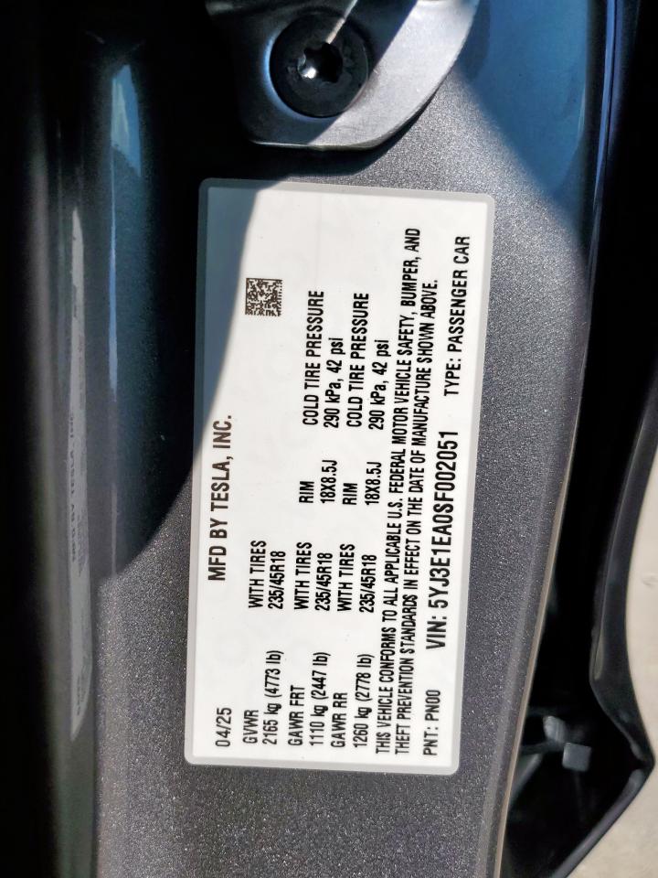 2025 Tesla Model 3 VIN: 5YJ3E1EA0SF002051 Lot: 84910535