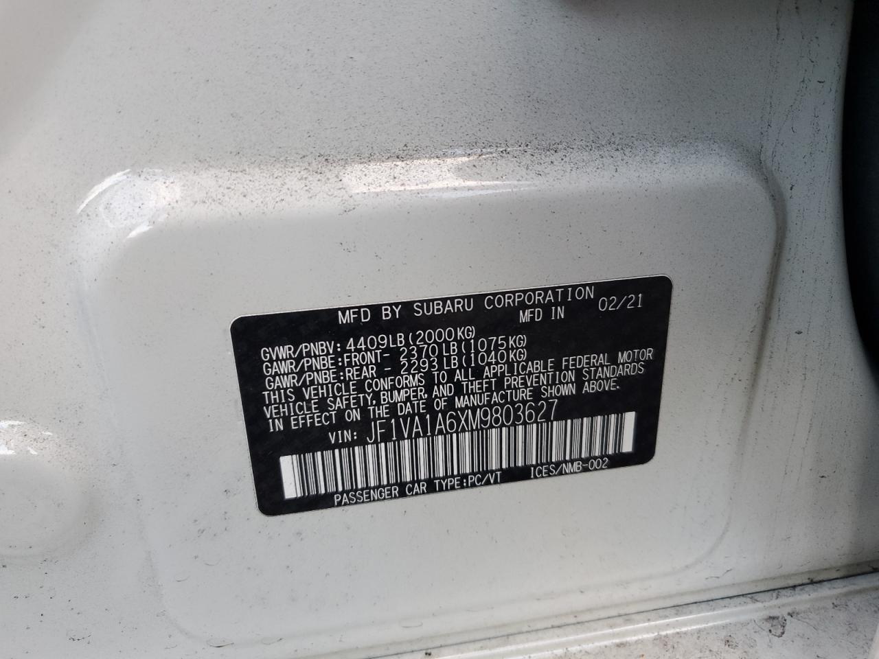 2021 Subaru Wrx VIN: JF1VA1A6XM9803627 Lot: 85876285