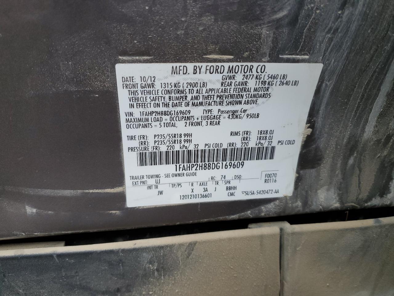 2013 Ford Taurus Sel VIN: 1FAHP2H88DG169609 Lot: 86540905