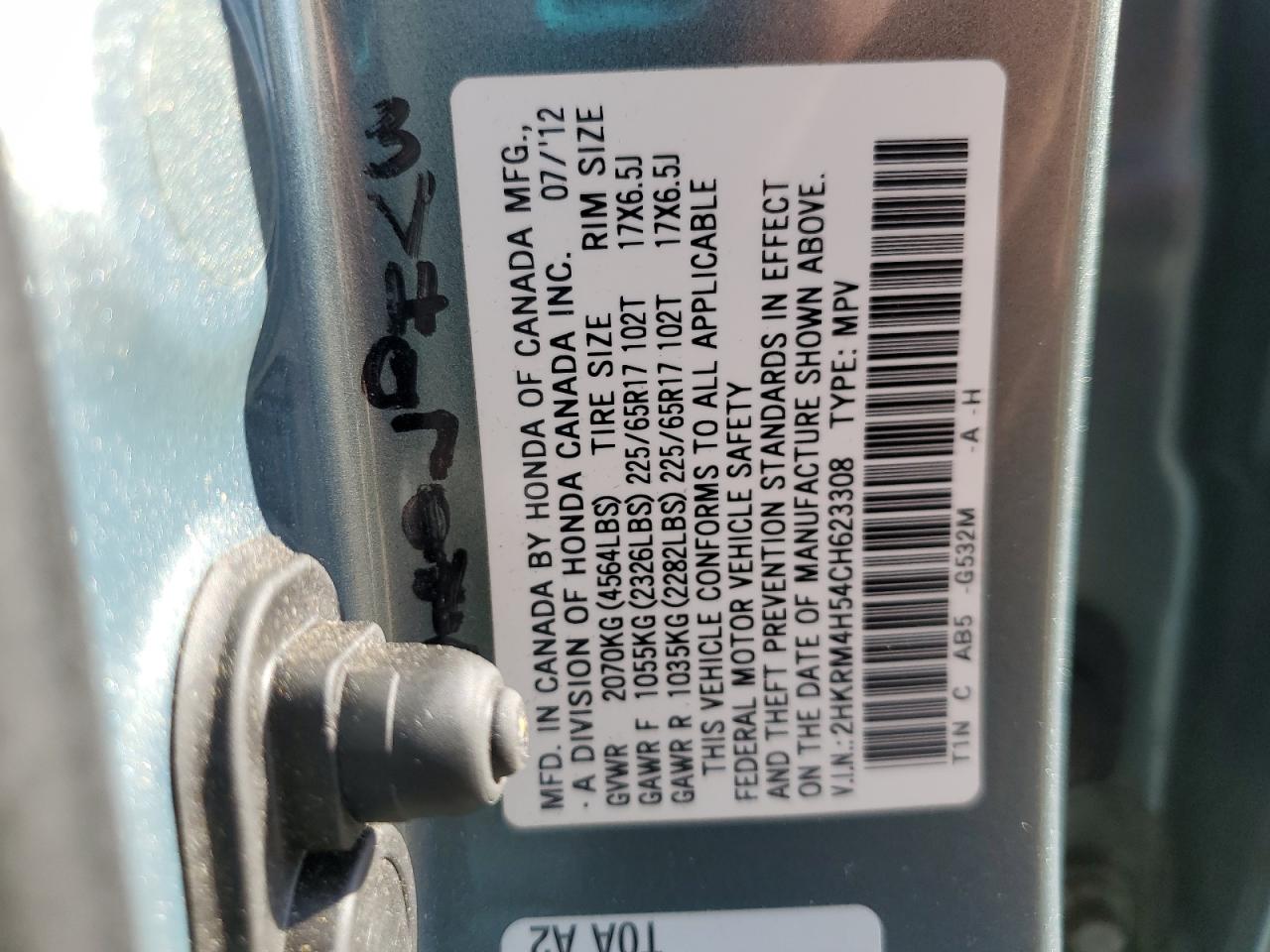 2012 Honda Cr-V Ex VIN: 2HKRM4H54CH623308 Lot: 86134225