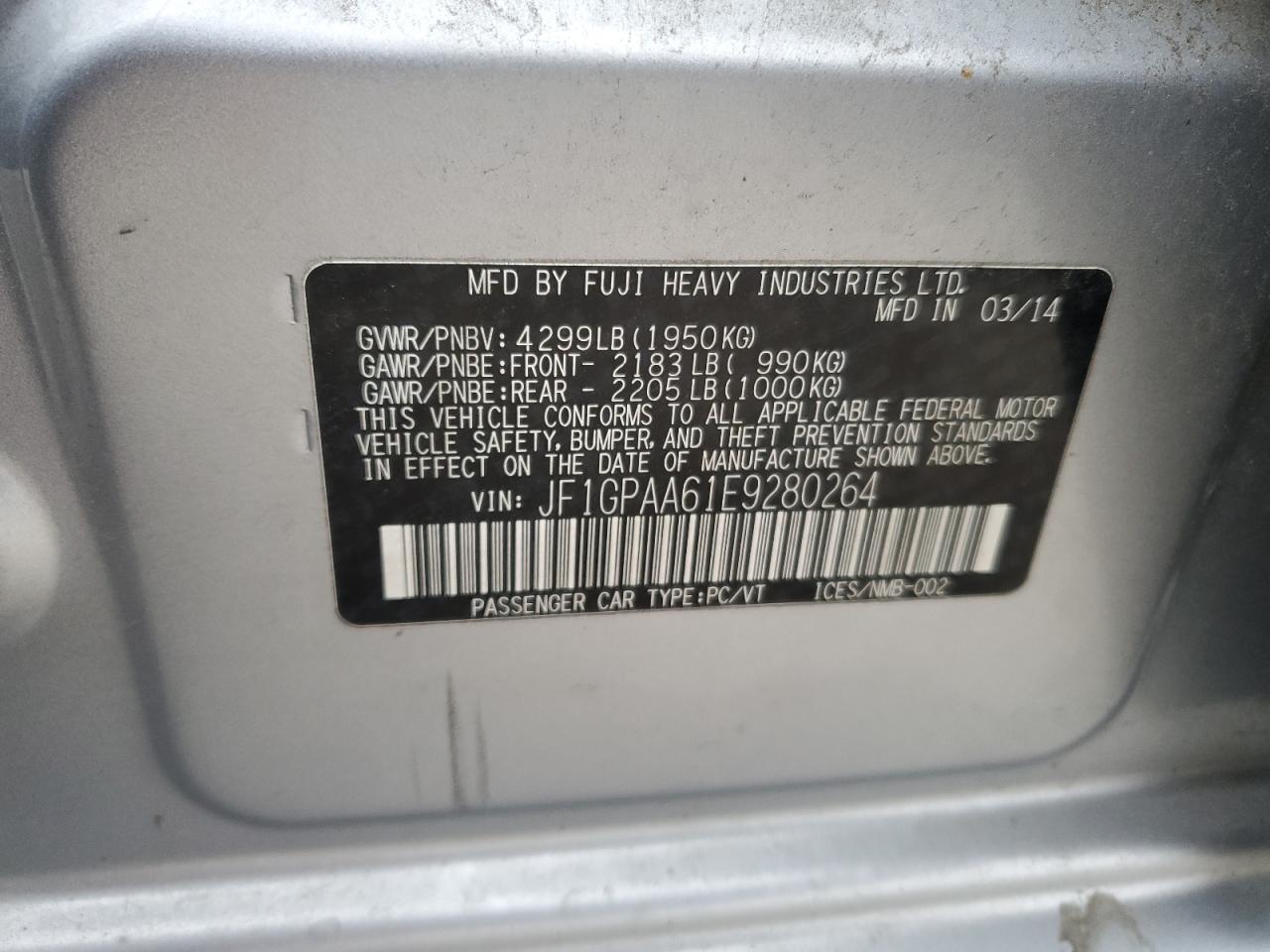 2014 Subaru Impreza VIN: JF1GPAA61E9280264 Lot: 89713925