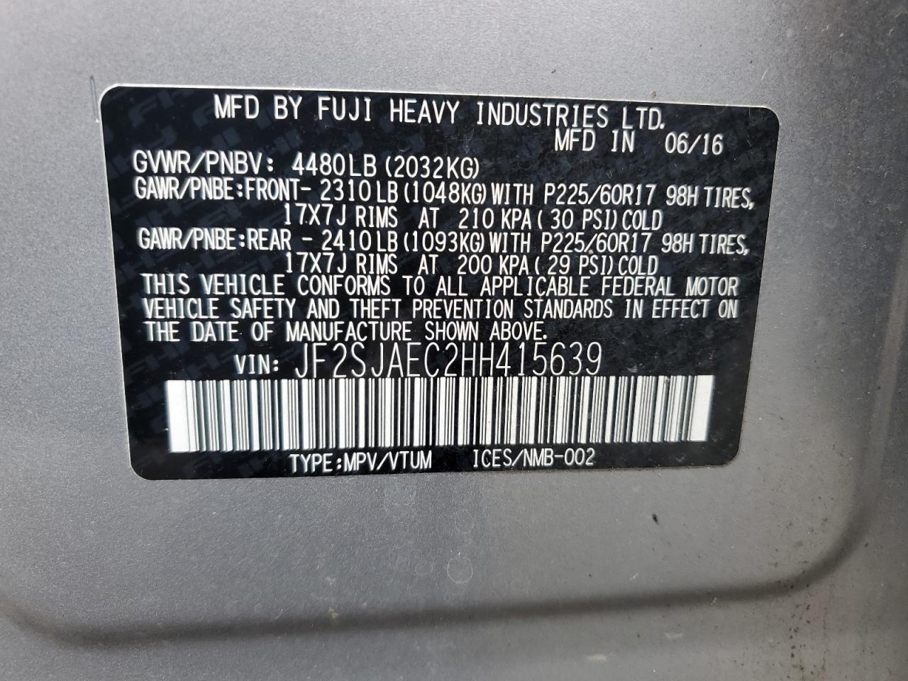 2017 Subaru Forester 2.5I Premium VIN: JF2SJAEC2HH415639 Lot: 90480055