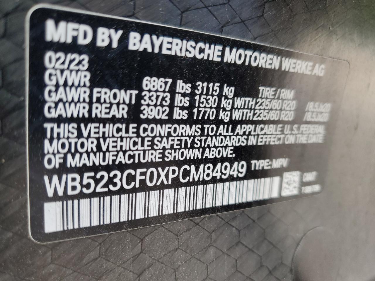 2023 BMW Ix xDrive50 VIN: WB523CF0XPCM84949 Lot: 84989155