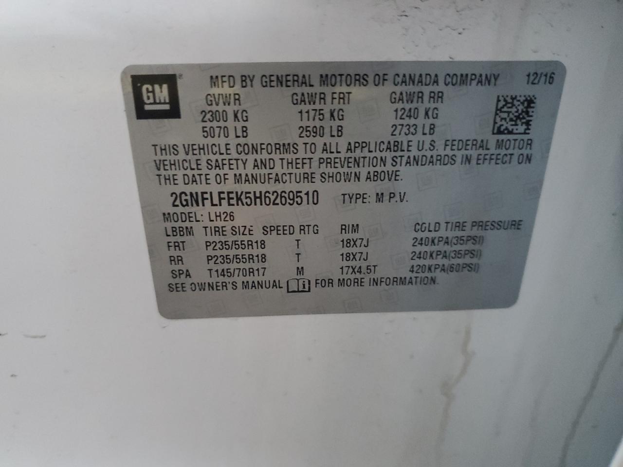 2017 Chevrolet Equinox Lt VIN: 2GNFLFEK5H6269510 Lot: 85741615