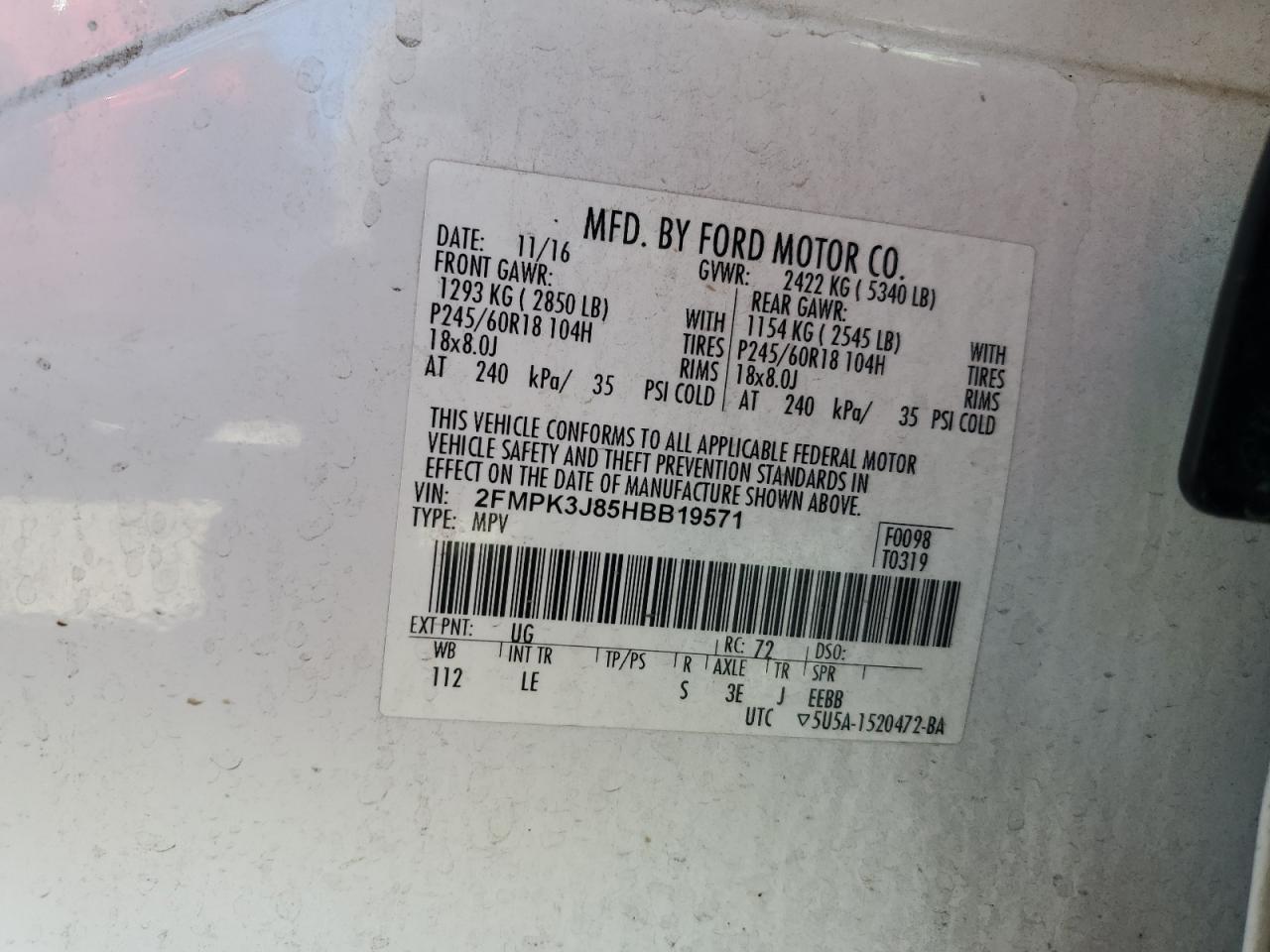 2017 Ford Edge Sel VIN: 2FMPK3J85HBB19571 Lot: 82250465