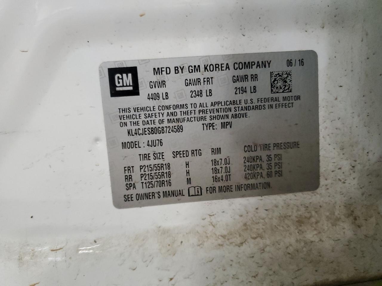 2016 Buick Encore VIN: KL4CJESB0GB724589 Lot: 82361675