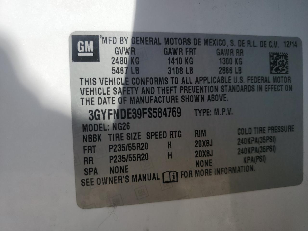 2015 Cadillac Srx Premium Collection VIN: 3GYFNDE39FS584769 Lot: 82307785