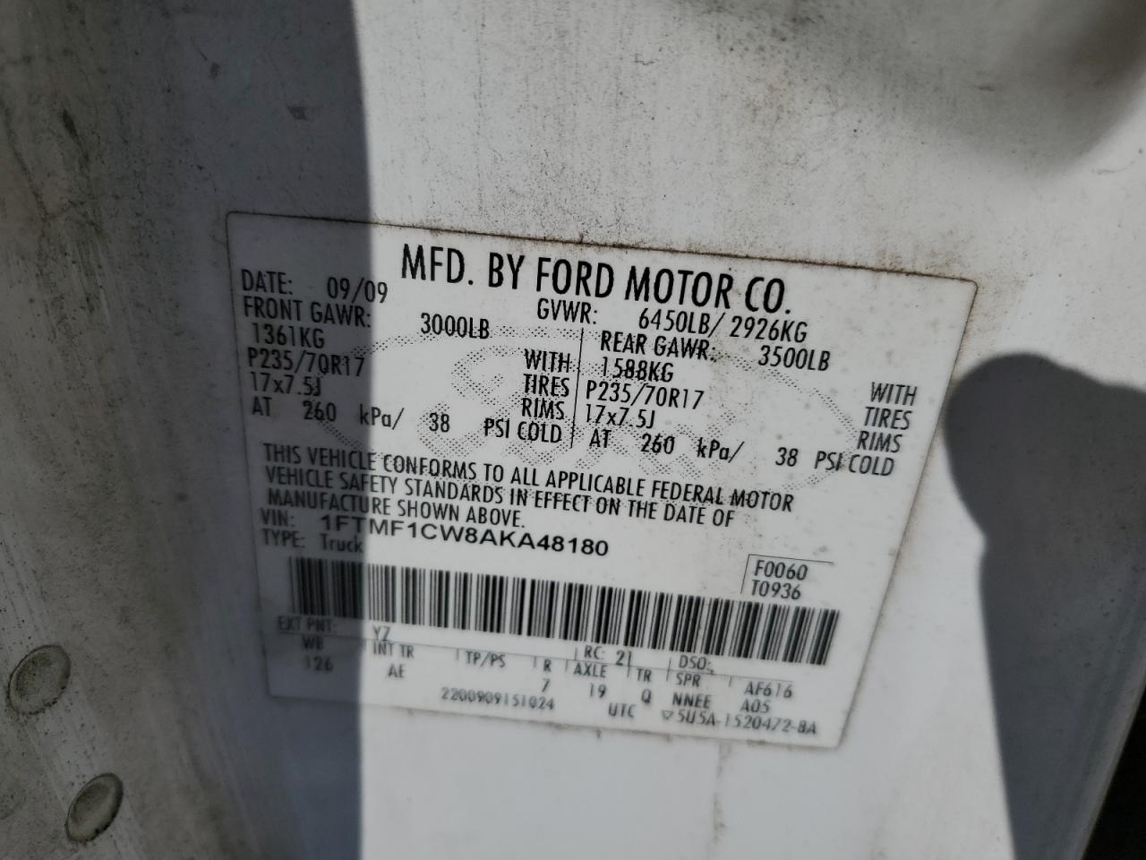 2010 Ford F150 VIN: 1FTMF1CW8AKA48180 Lot: 86542985