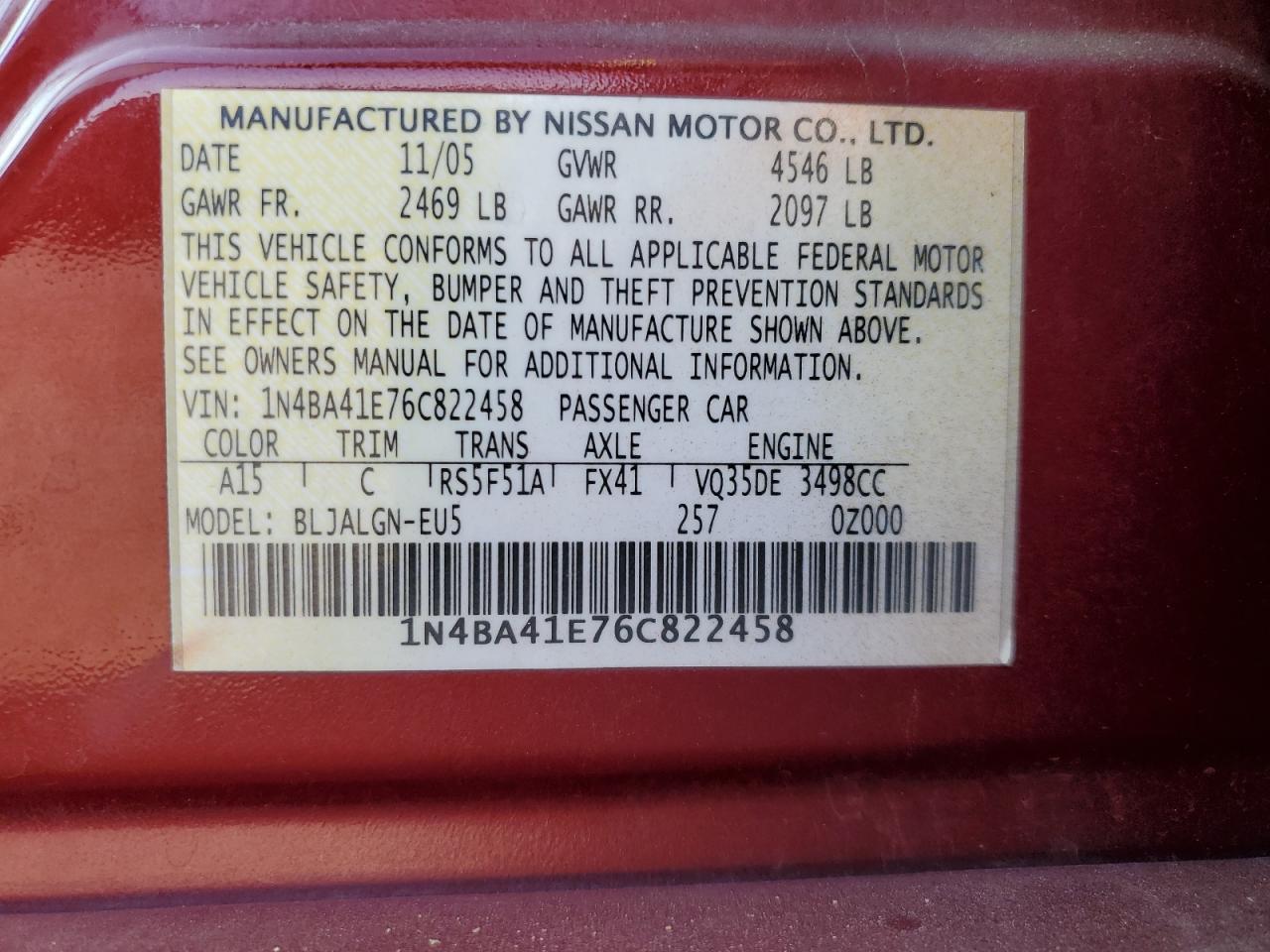 2006 Nissan Maxima VIN: 1N4BA41E76C822458 Lot: 81973895