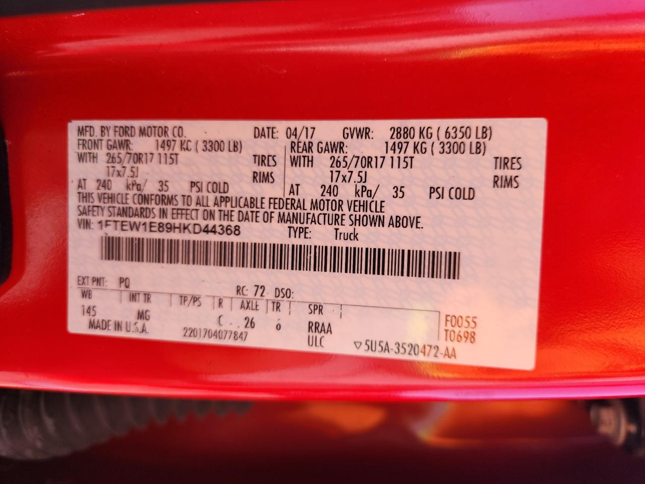 2017 Ford F150 Supercrew VIN: 1FTEW1E89HKD44368 Lot: 90635075