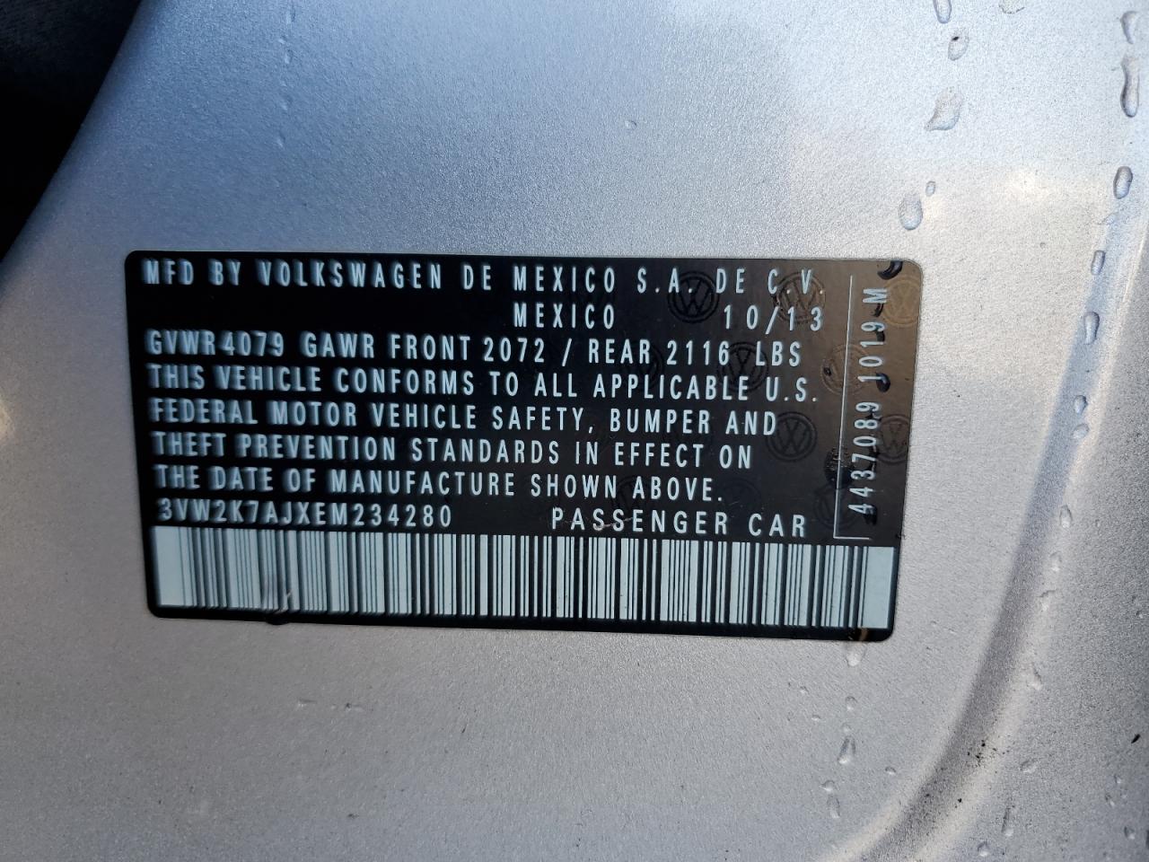 2014 Volkswagen Jetta Base VIN: 3VW2K7AJXEM234280 Lot: 84932395