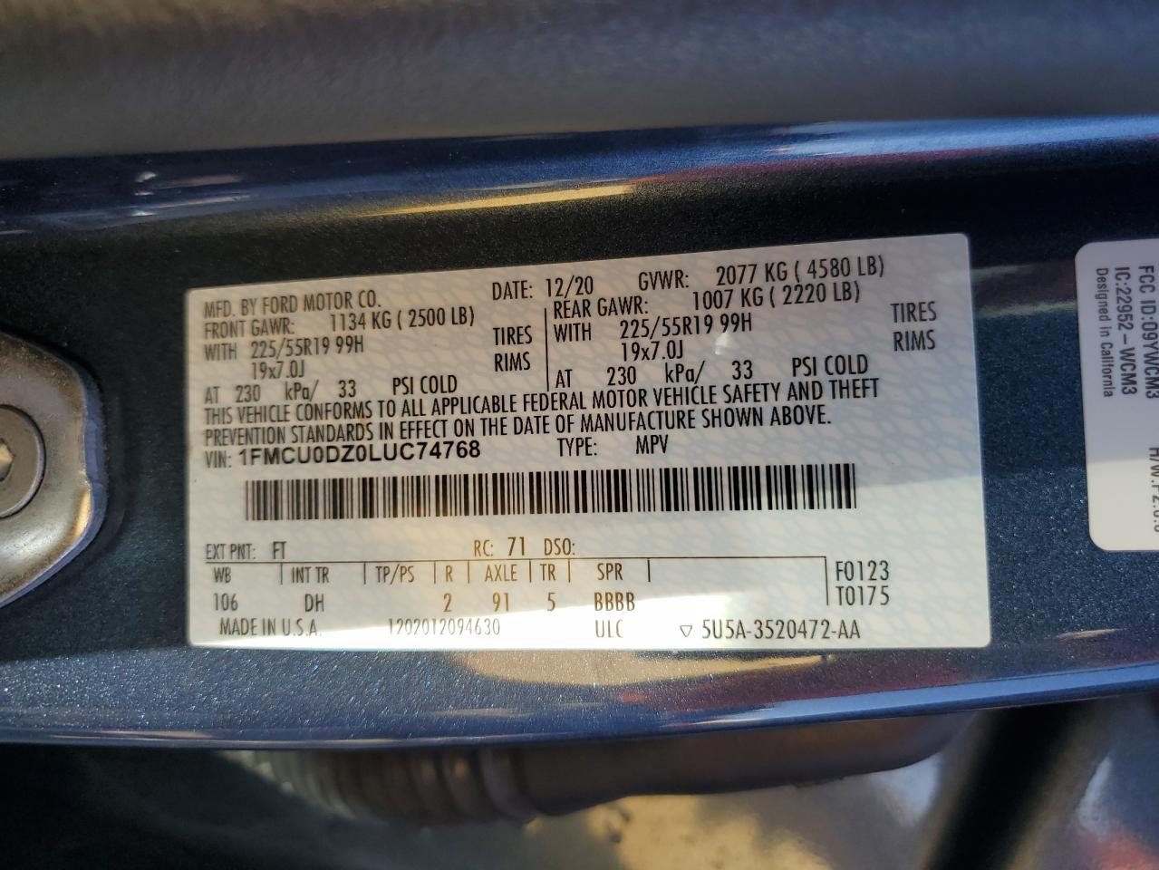 2020 Ford Escape Titanium VIN: 1FMCU0DZ0LUC74768 Lot: 85801435